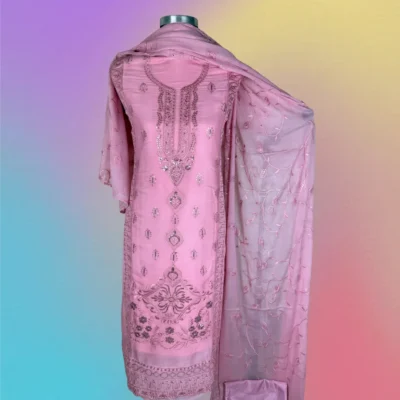 Premium georgette  Rose Gold Fabric Three-Piece Set Eid Collection Pink Color