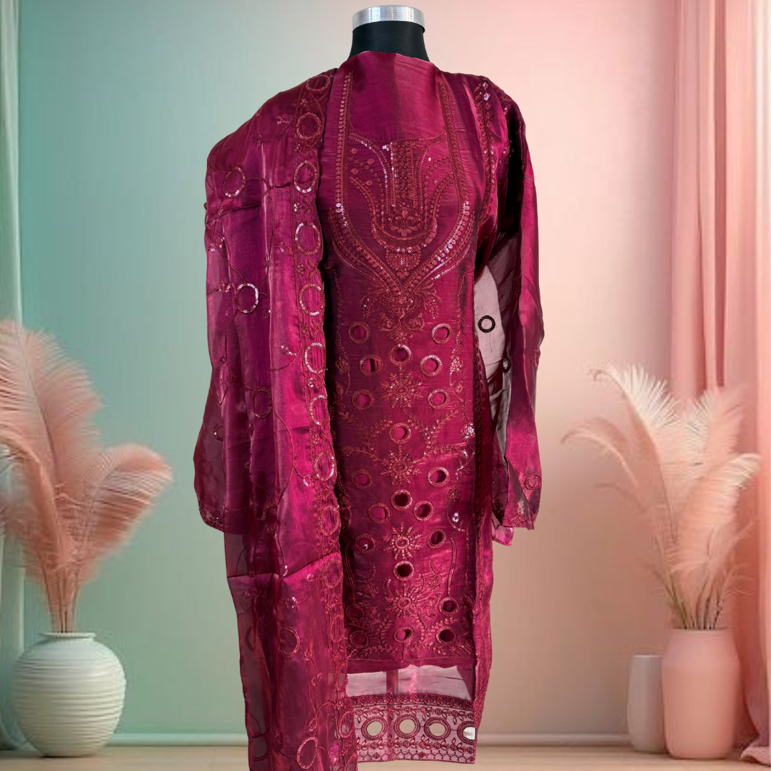 Afghan silk 3 pieces collection 2026 maroon color