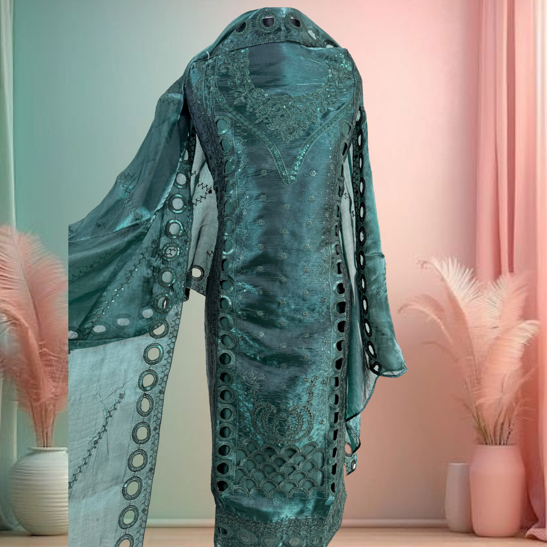 Afghan silk 3 pieces collection 2026 Green color